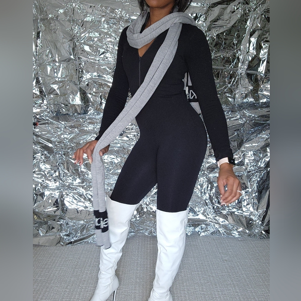 Calvin Klein Striped Knit Scarf — Black, Gray & White - Picture 4 of 10